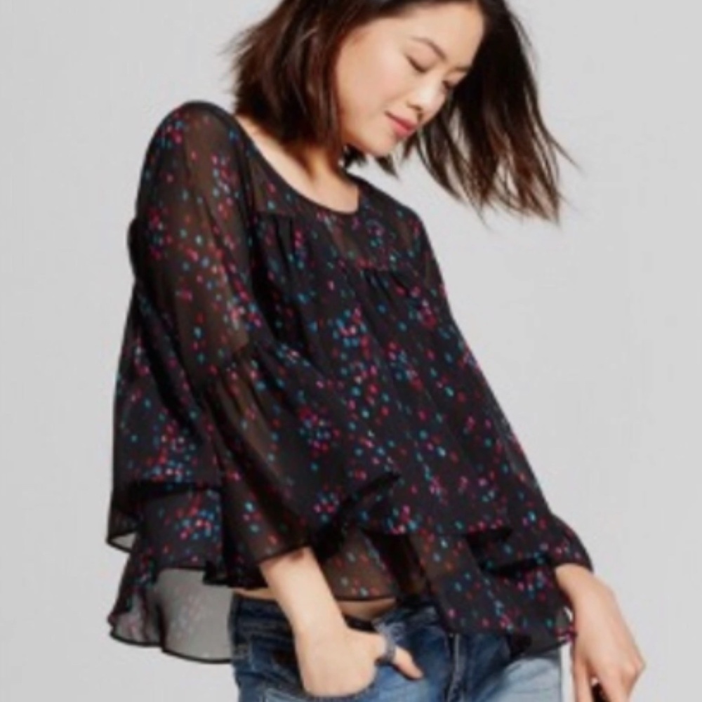 A New Day Whimsigoth Fairy Polka Dot Bell Sleeve Chiffon Tiered Ruffle Top- XL